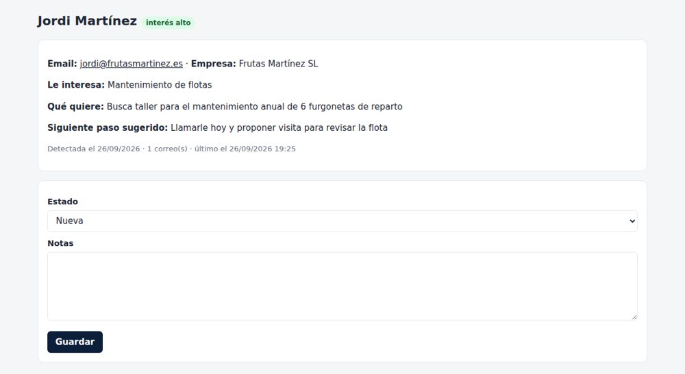 Ficha de una oportunidad comercial en Automail con el interés del cliente, lo que quiere y el siguiente paso sugerido.