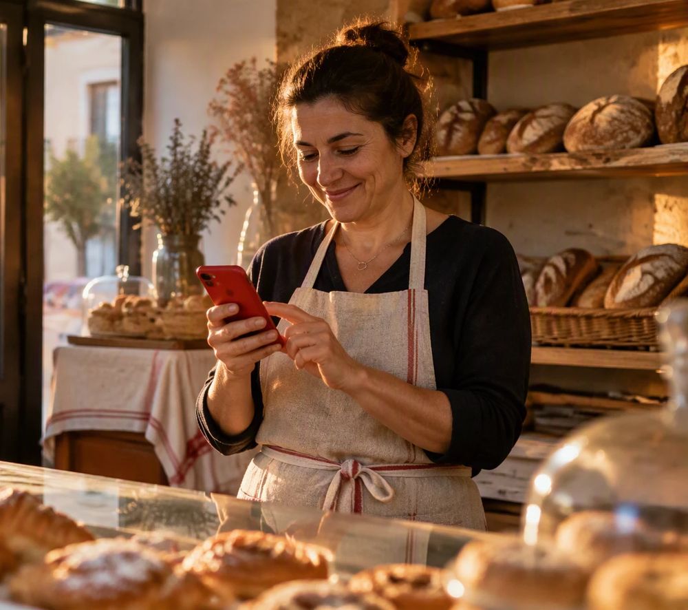 Dueña de una panadería sonriendo mientras revisa el móvil detrás del mostrador