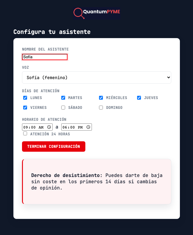 Pantalla real de configuración del asistente: nombre, voz, días y horario de atención