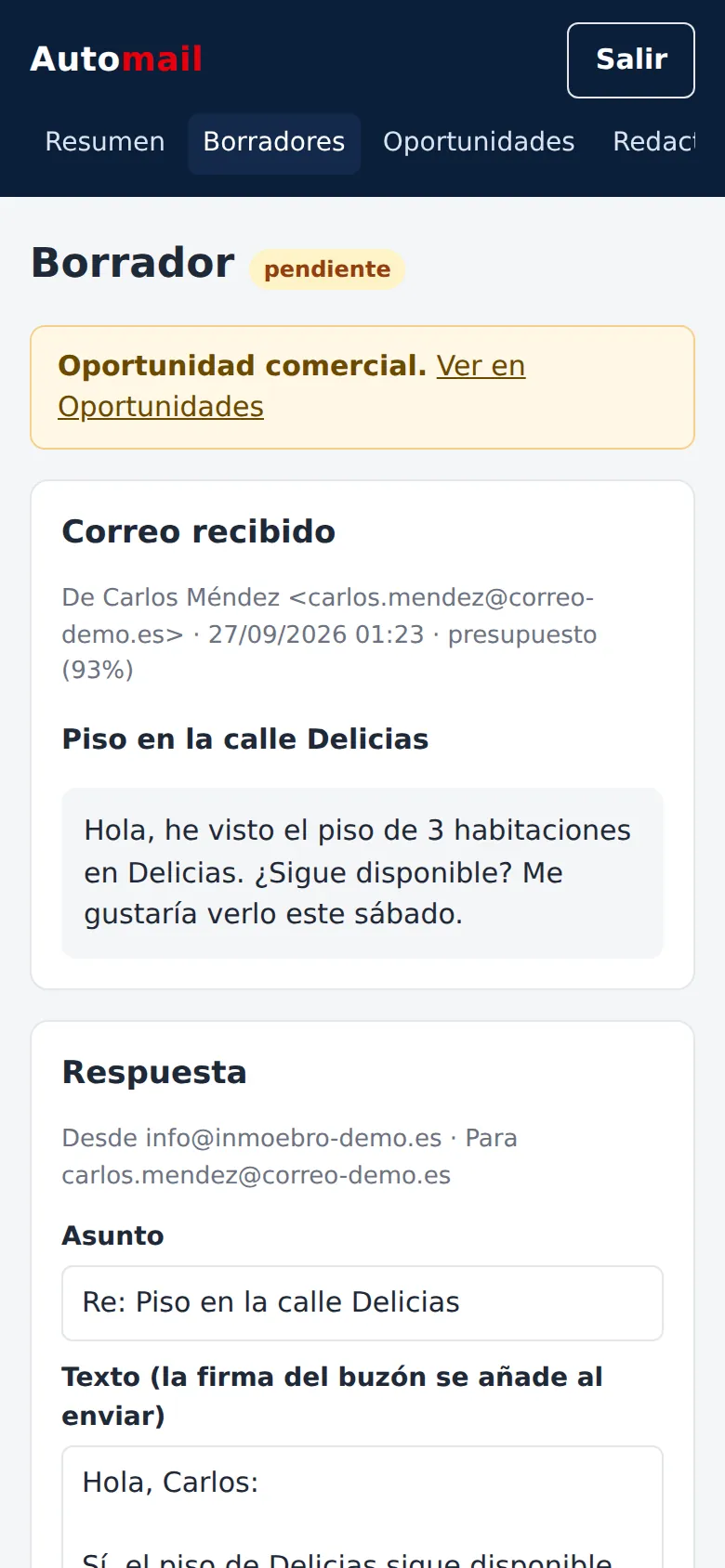Borrador de Automail en un móvil
